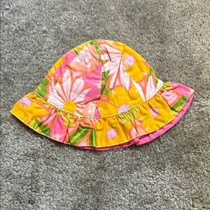 Girls size 6–12 month Sun  hat, pink orange flowered reversible